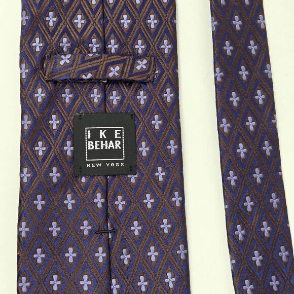 IKE BEHAR NEW YORK SILK TIE BLUE BROWN DIAMOND COLOR SHIFT SATIN 3.75" X 58" - Picture 3 of 3